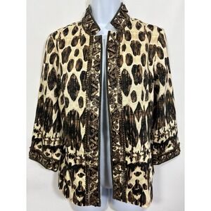 Chico's Women's 3/4 Sleeve Leopard Print Jacket Sz1 Blazer Embellished Beaded